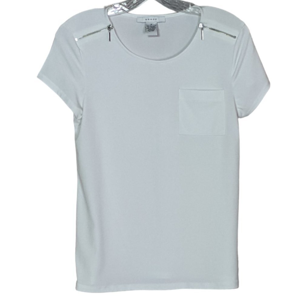 GRACE Round Neck Zipper Enhanced Short Sleeve Stretch Top White Size Small